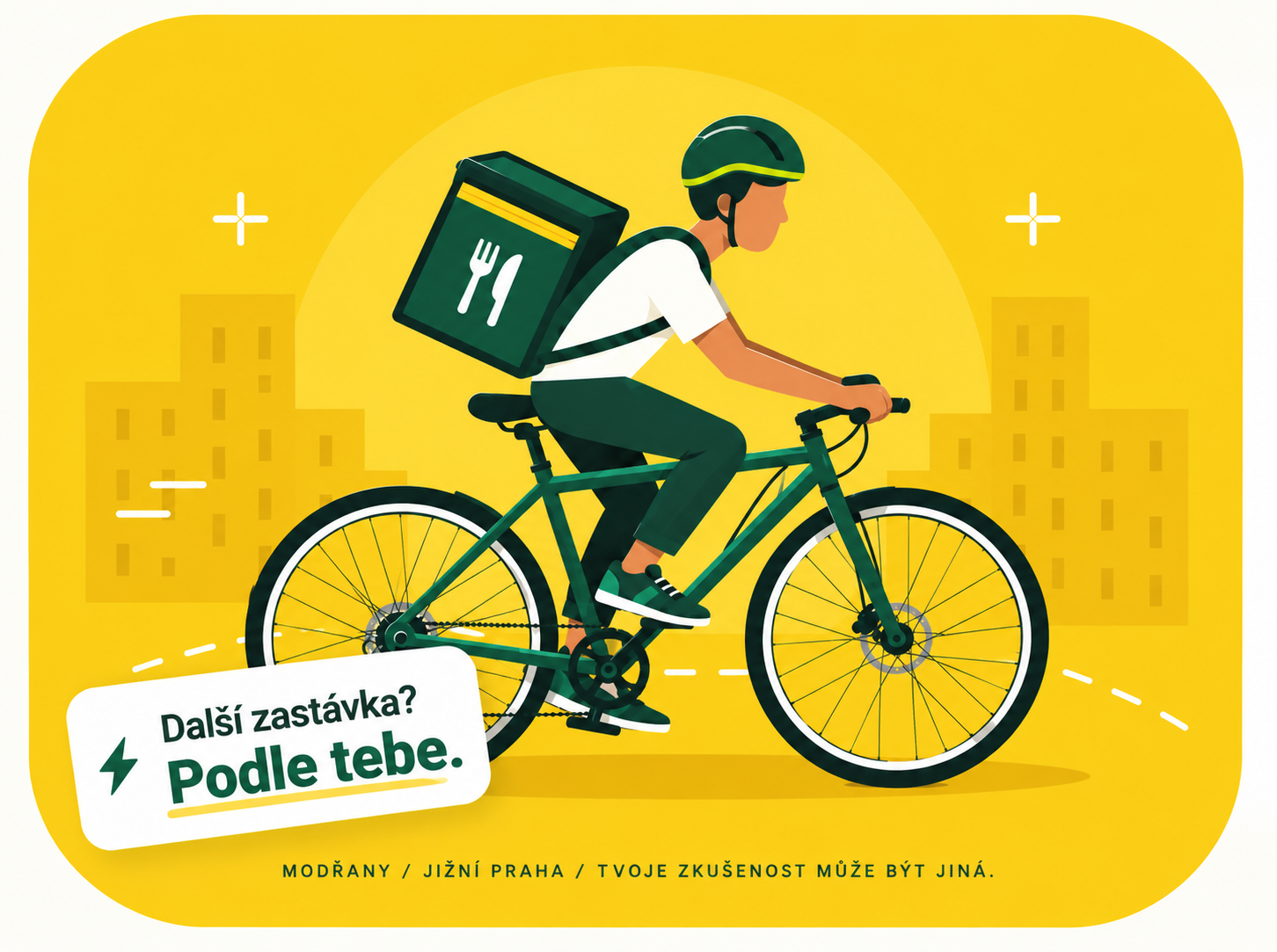 Kurýr na kole s termoizolačním batohem se symbolem příboru. Další zastávka? Podle tebe. Modřany / jižní Praha / tvoje zkušenost může být jiná.
